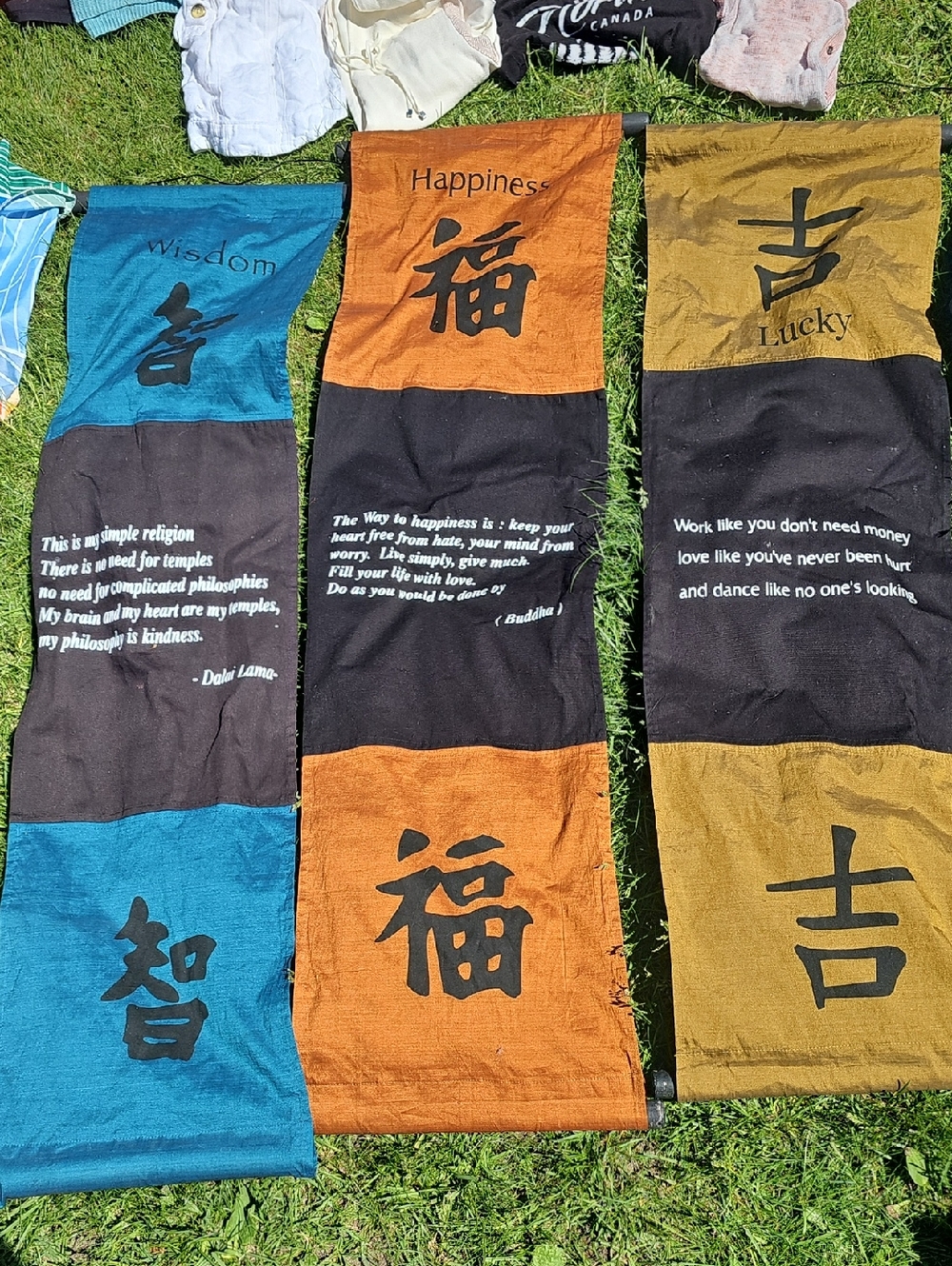 Set of 3 Wall Hangings - Blue, Orange, Olive with Inspirational Script